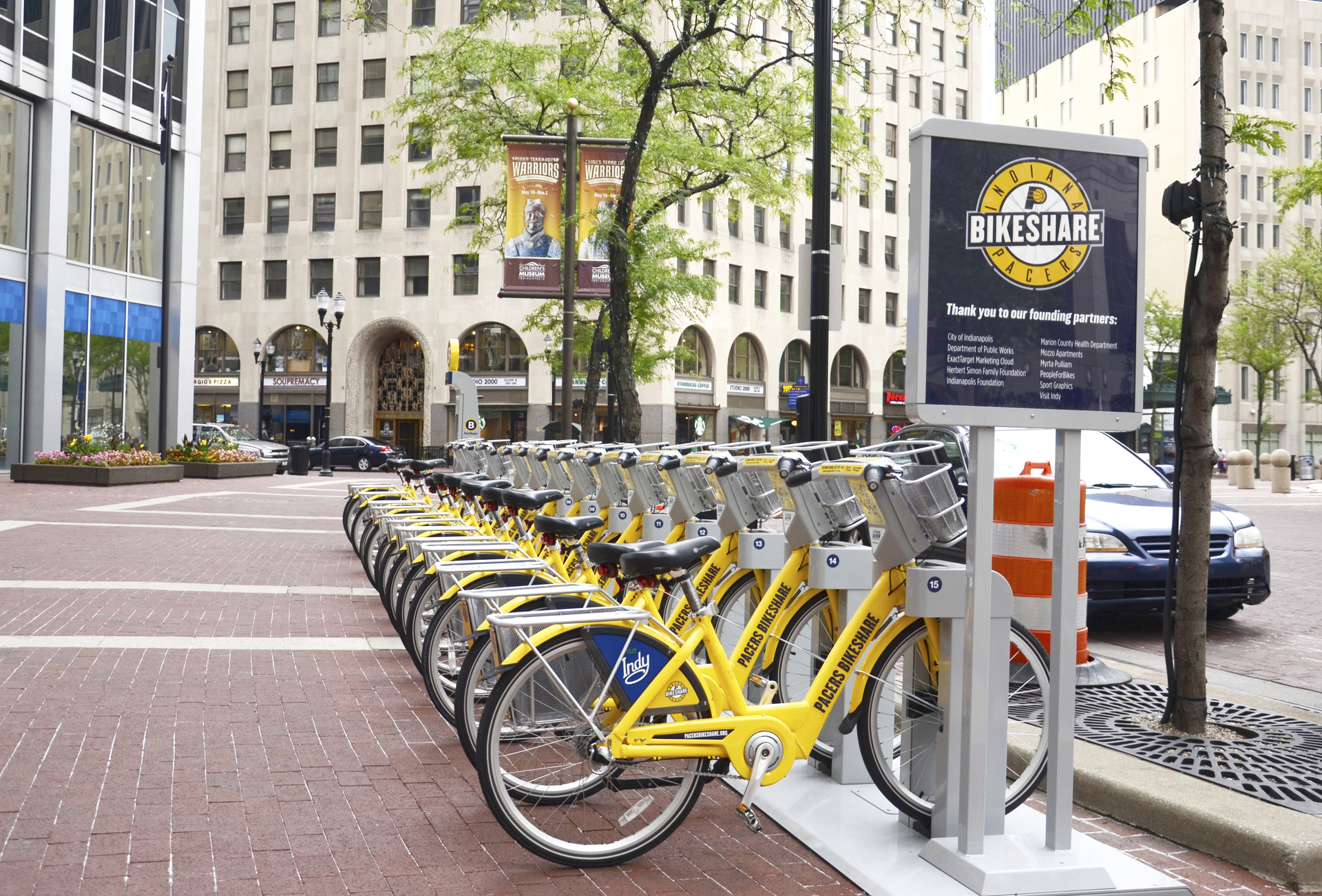 City bikes lined up in rack